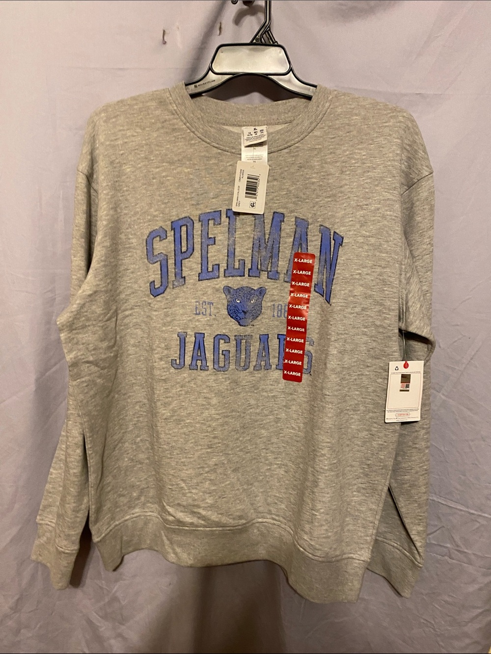 Champion Gray Spelman Jaguars Crewneck Sweatshirt with Blue Logo